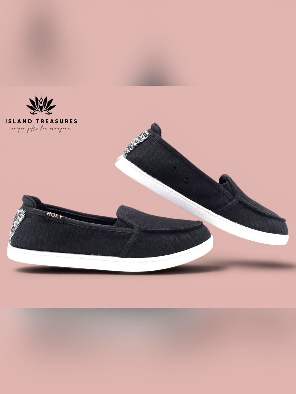 Roxy Minnow Sz 5 Women's Black/White Canvas & Herringbone Knit Slip-On Loafers - Picture 5 of 17